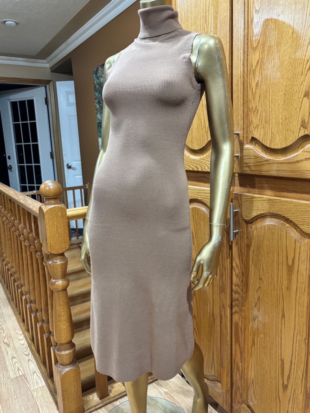 Wilfred Taupe Sleeveless Ribbed Turtleneck Midi Dress - Picture 2 of 11